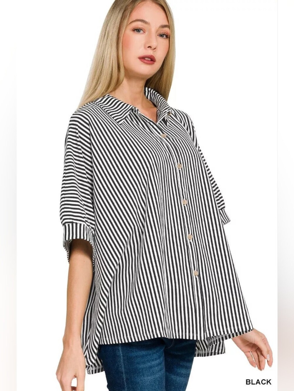 Zenana Black White Oversized Vertical Stripe Button-Down Short Sleeve Shirt L/XL - Picture 2 of 7